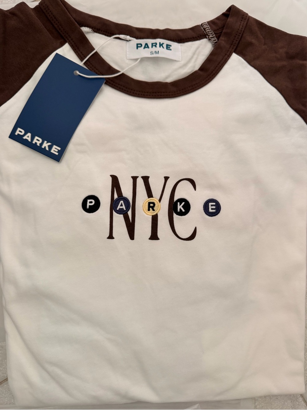 Parke NYC Raglan Long-Sleeve Tee in White and Brown nyc exclusive pop up